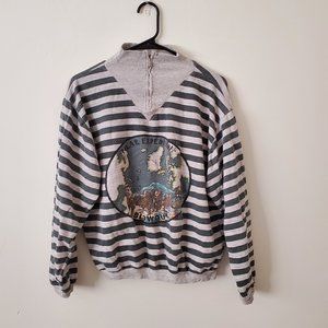 80s Grey Striped Quarter-Zip Sweatshirt with Sled Dogs